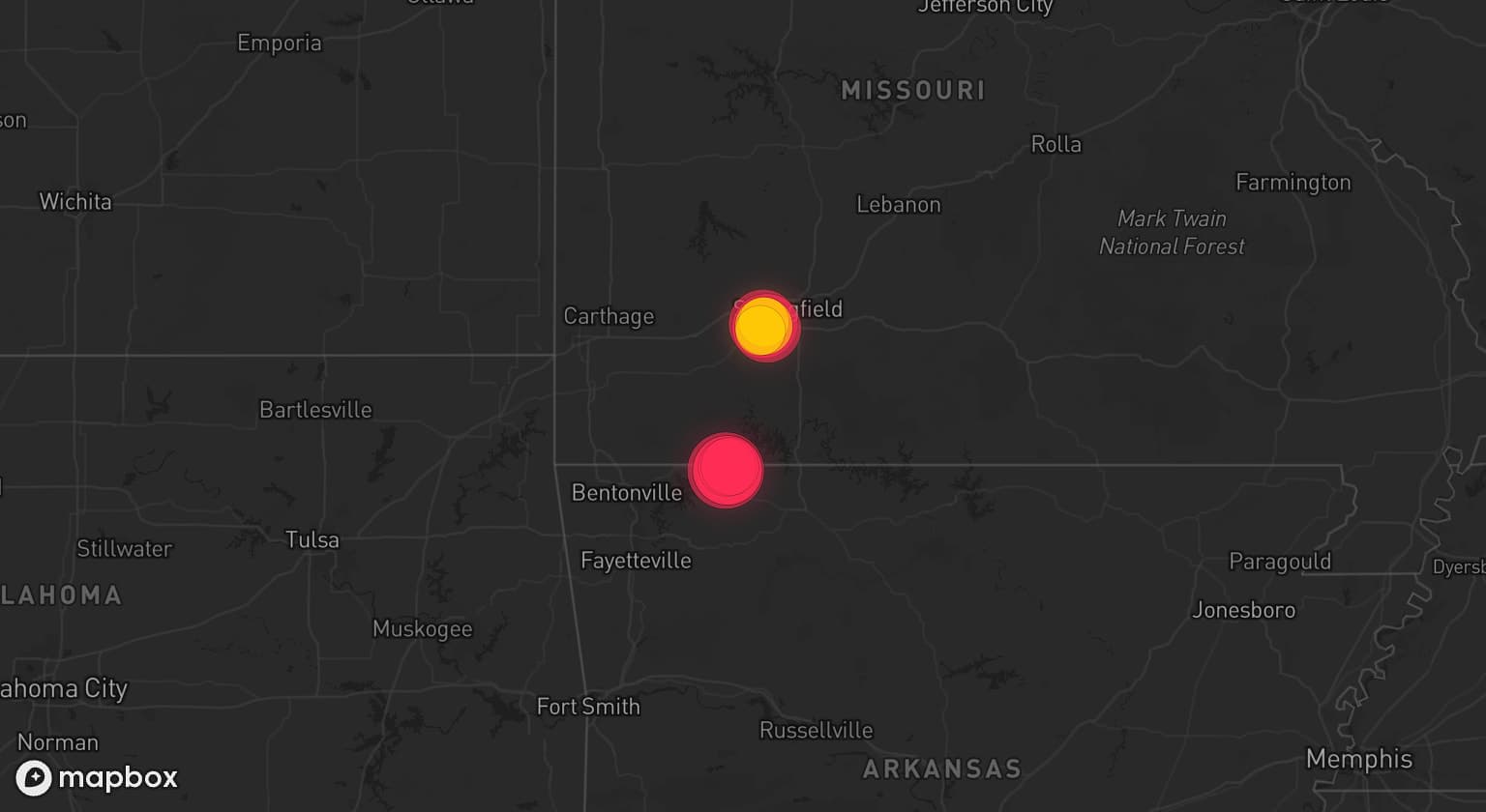 Storm map for 2 areas across Missouri and Arkansas