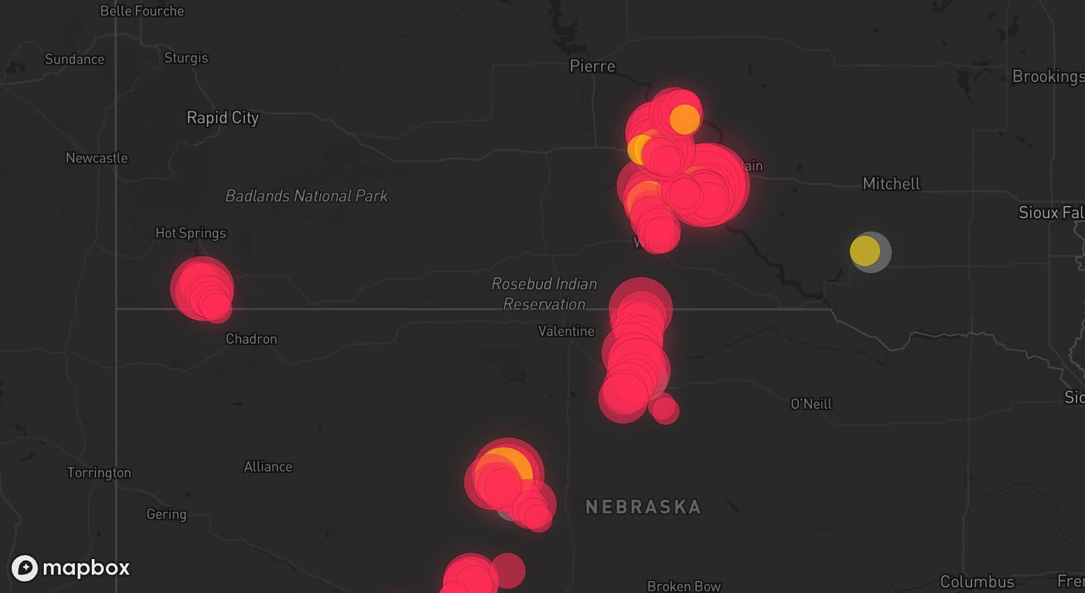 Storm map for 12 areas across Nebraska, South Dakota, and Wyoming