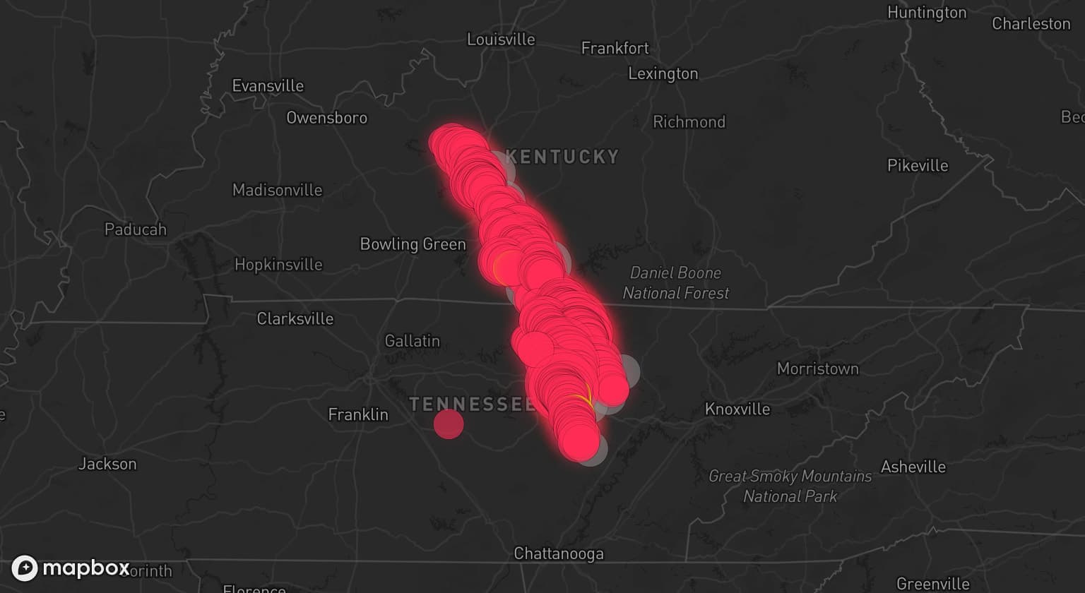 Storm map for 12 areas across Kentucky and Tennessee