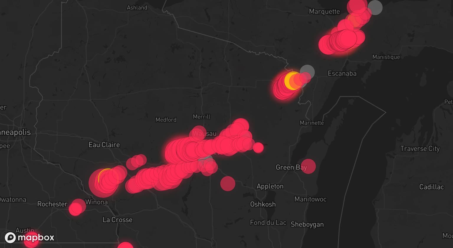 Storm map for 11 areas across Michigan and Wisconsin