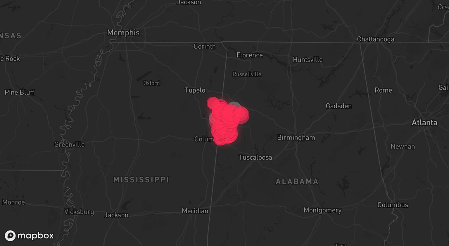 Storm map for 3 areas across Alabama and Mississippi