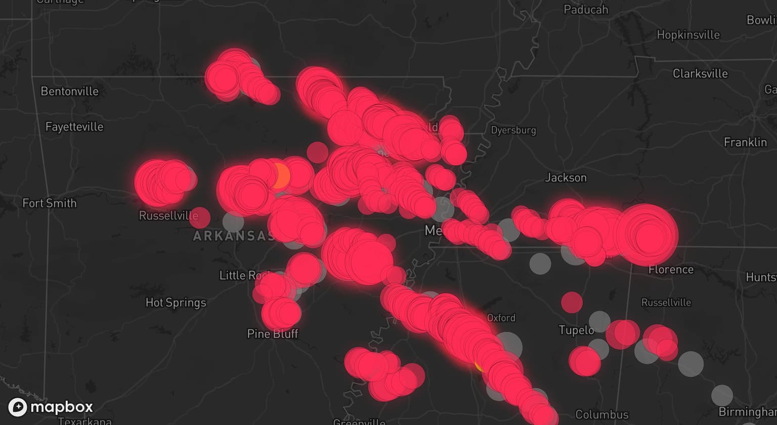 Storm map for 45 areas across Arkansas, Tennessee, Mississippi, Missouri, and Alabama