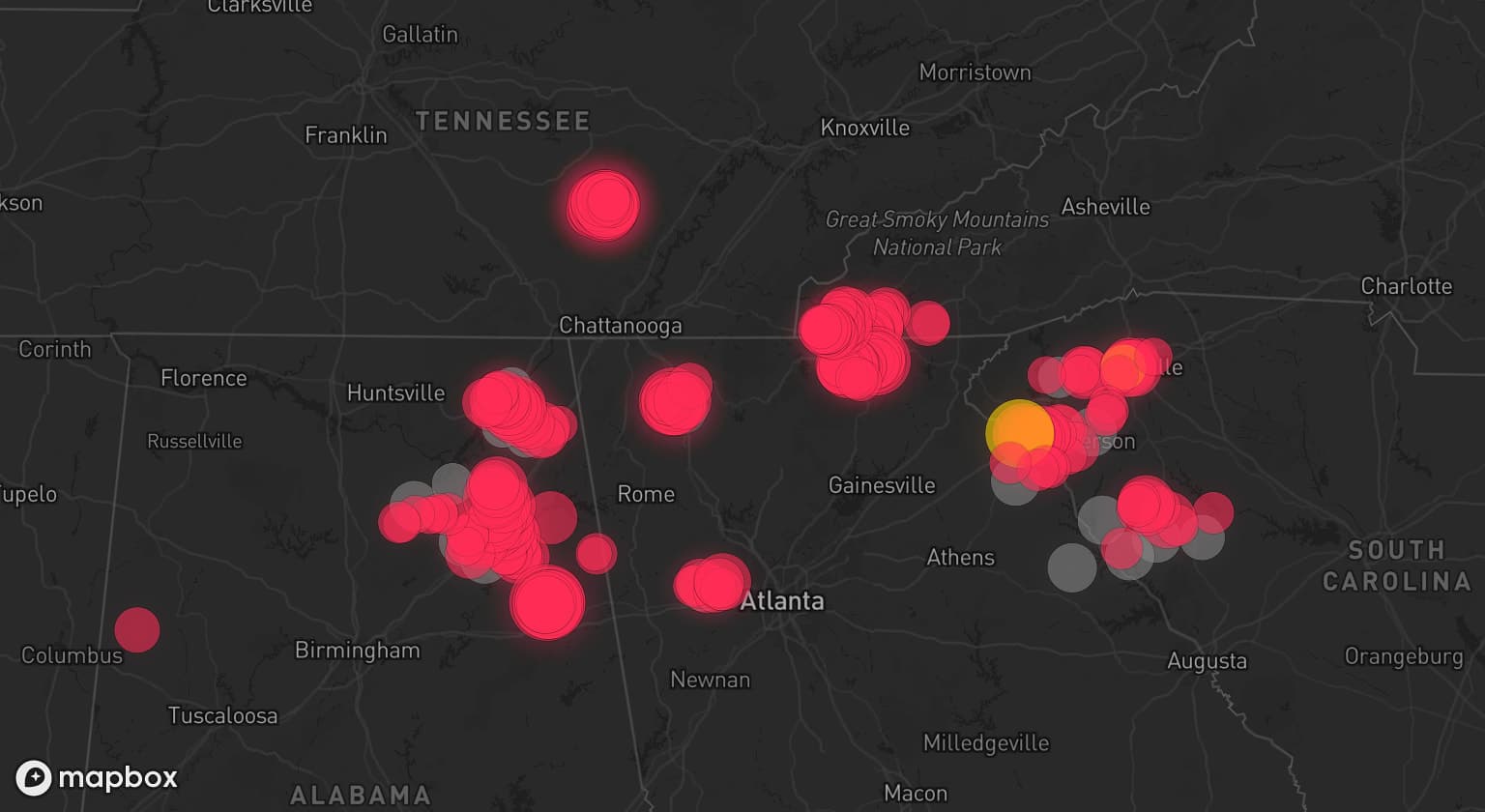 Storm map for 22 areas across Georgia, Alabama, South Carolina, and North Carolina