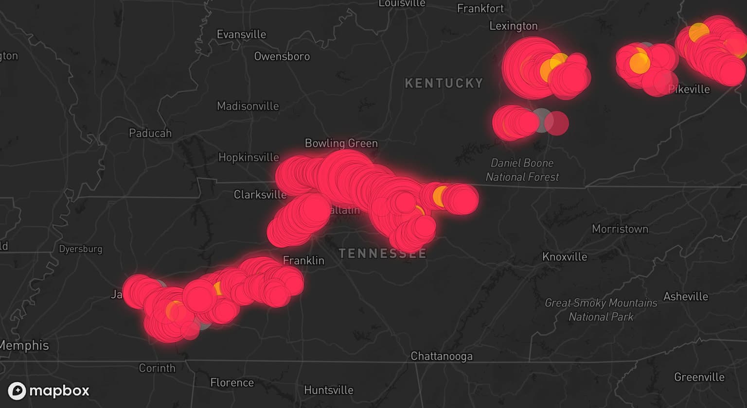 Storm map for 23 areas across Tennessee, Kentucky, and West Virginia
