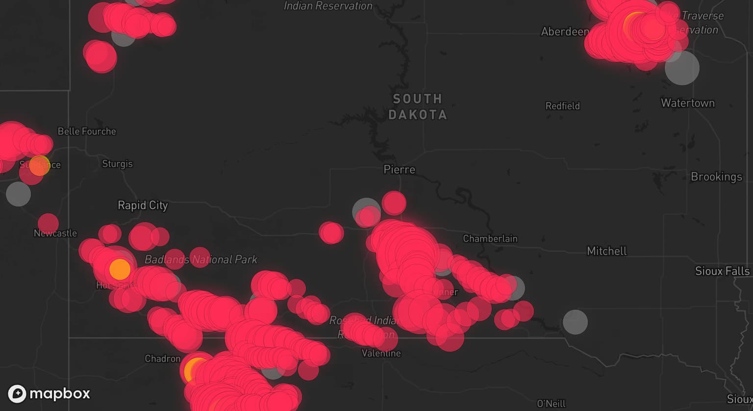 Storm map for 22 areas across South Dakota, Nebraska, North Dakota, and Wyoming