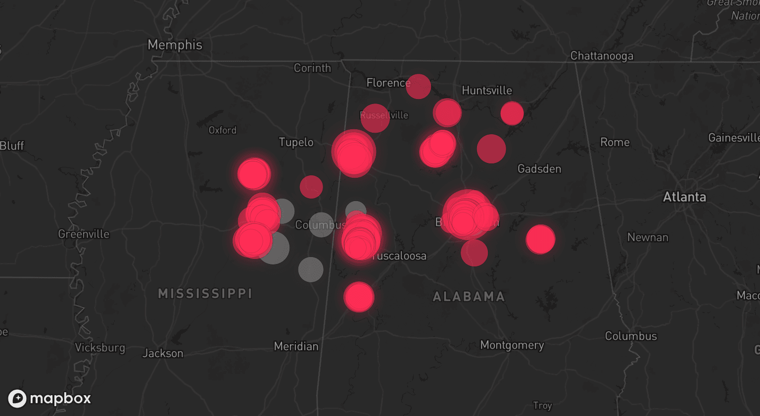 Storm map for 8 areas across Mississippi and Alabama