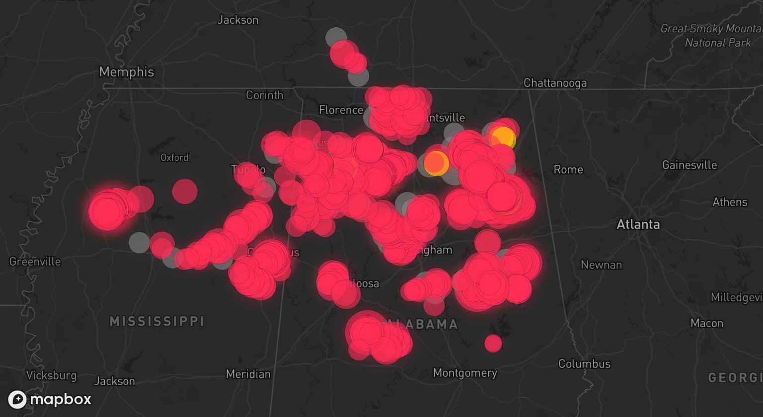 Storm map for 37 areas across Alabama, Mississippi, and Tennessee