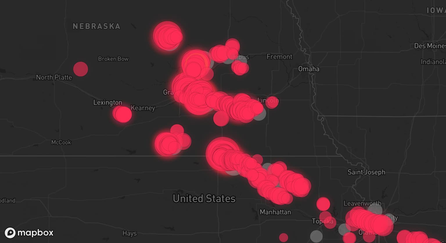 Storm map for 27 areas across Nebraska, Kansas, and Missouri