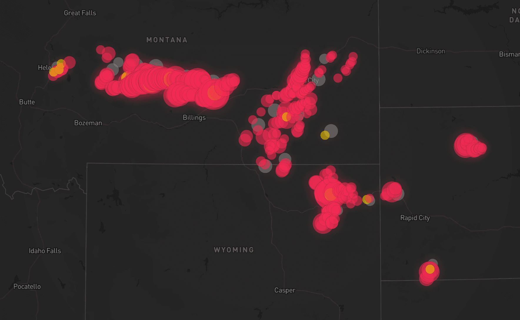 Storm map for 24 areas across Montana, Wyoming, and South Dakota