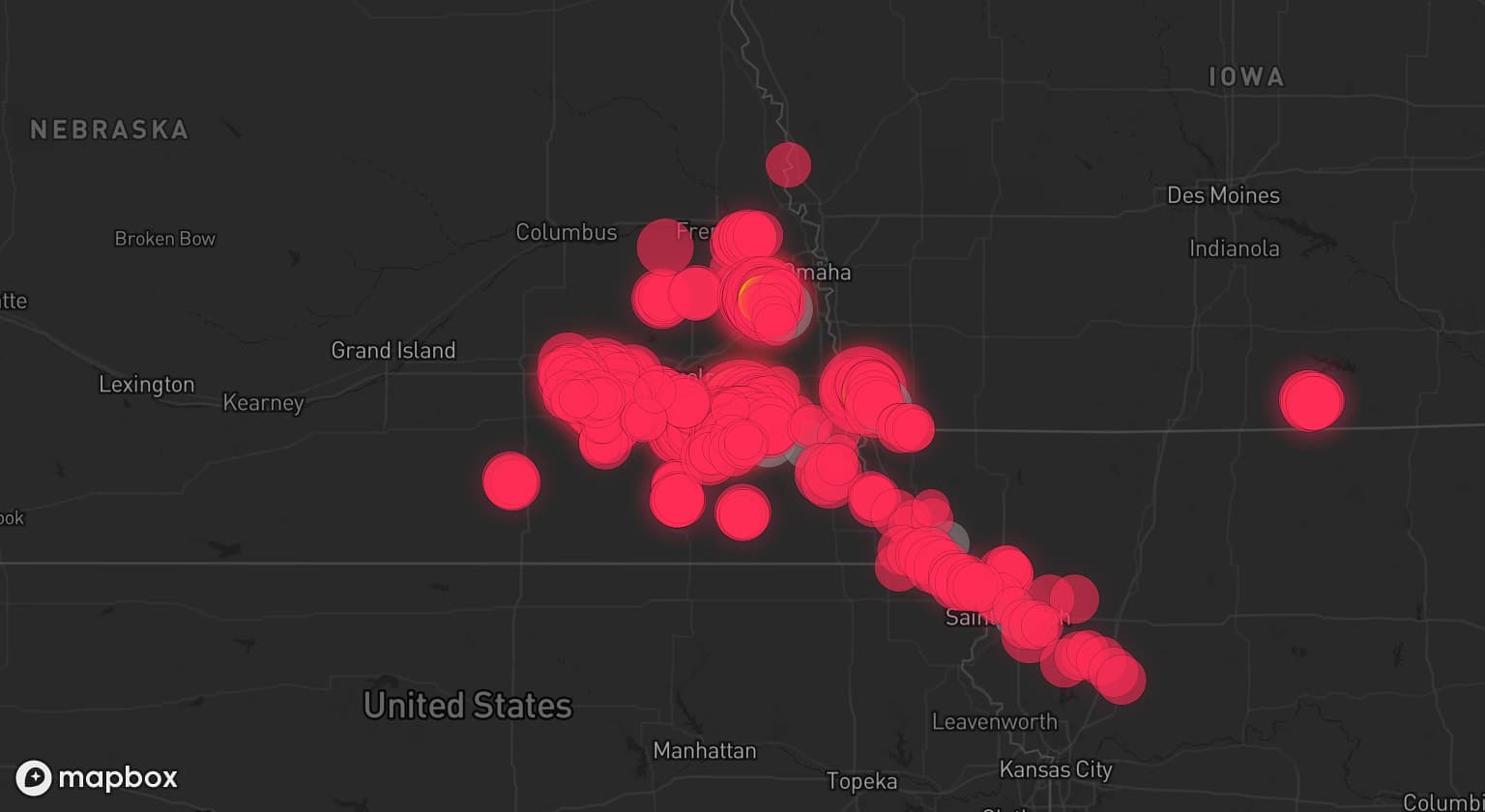 Storm map for 13 areas across Nebraska, Iowa, and Missouri