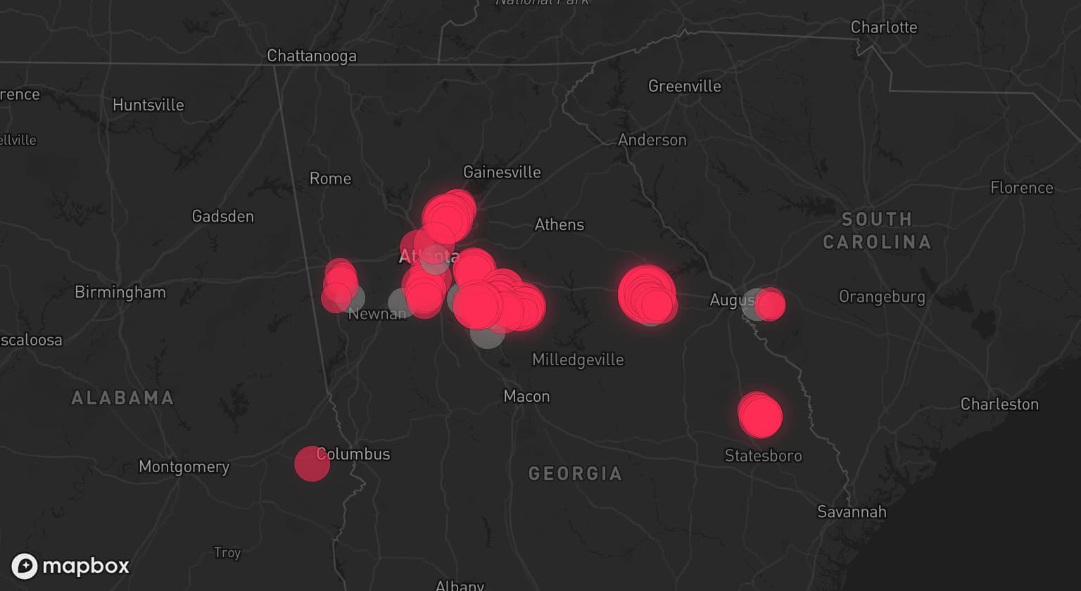 Storm map for 10 areas across Georgia and South Carolina