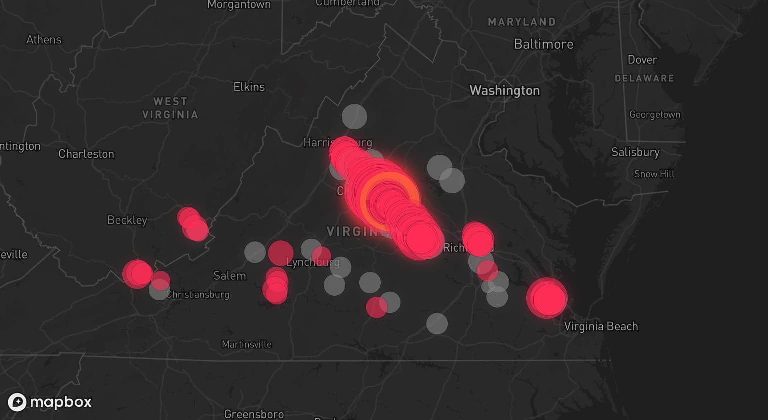 Storm map for 24 areas across Virginia and West Virginia
