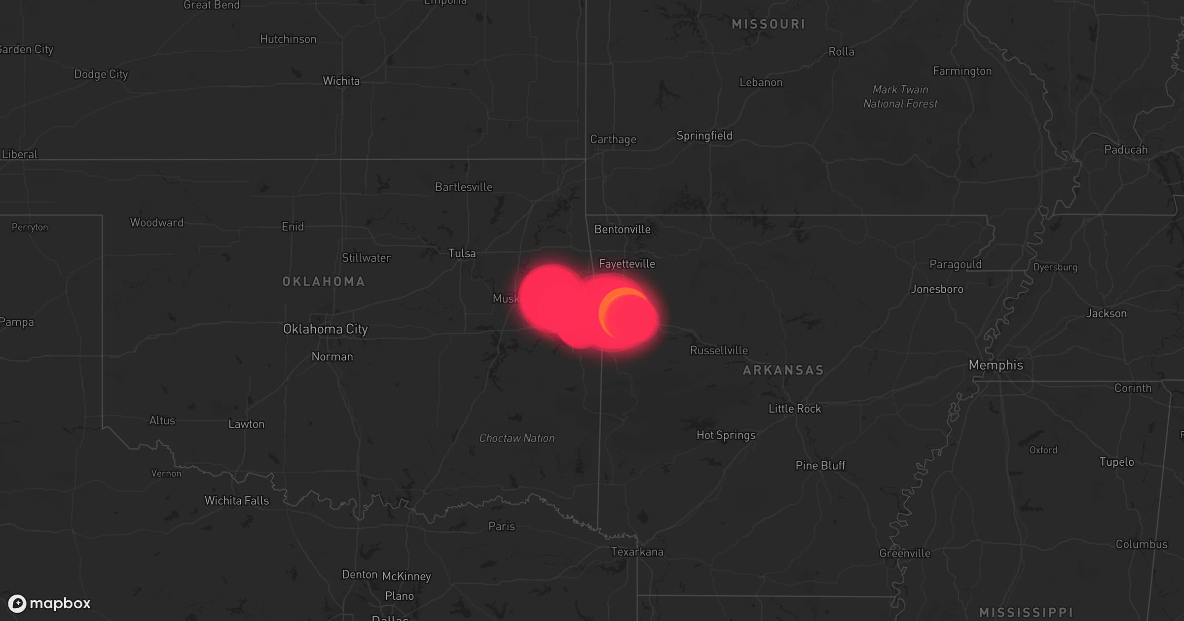 Storm map for 37 areas across Oklahoma, Arkansas, and Kansas