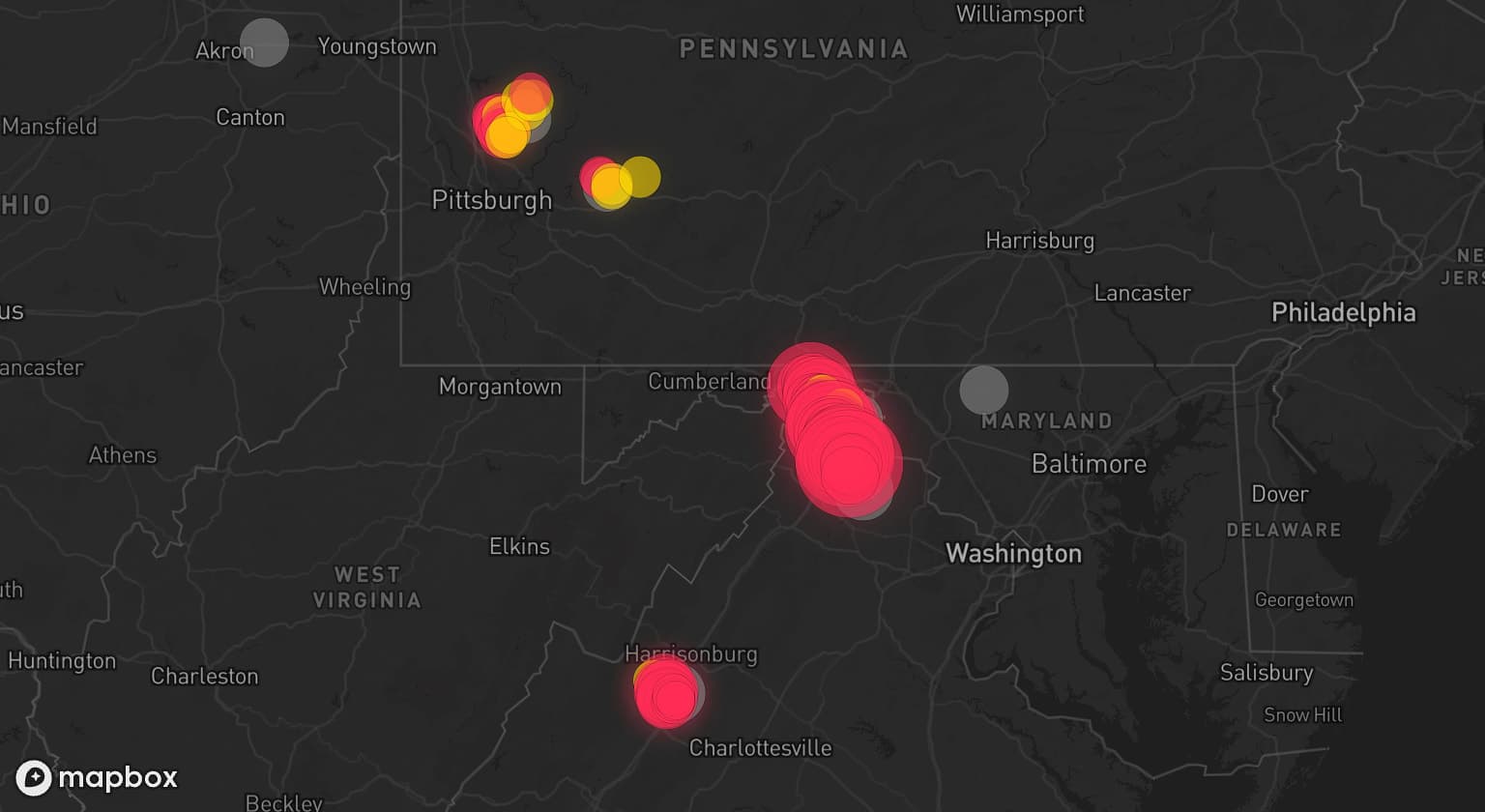 Storm map for 8 areas across West Virginia, Virginia, Ohio, Pennsylvania, and Maryland