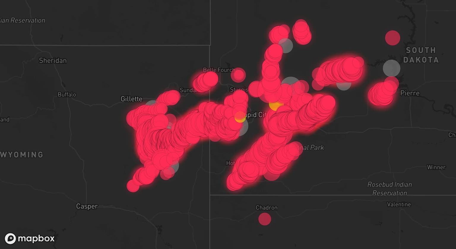 Storm map for 12 areas across South Dakota and Wyoming