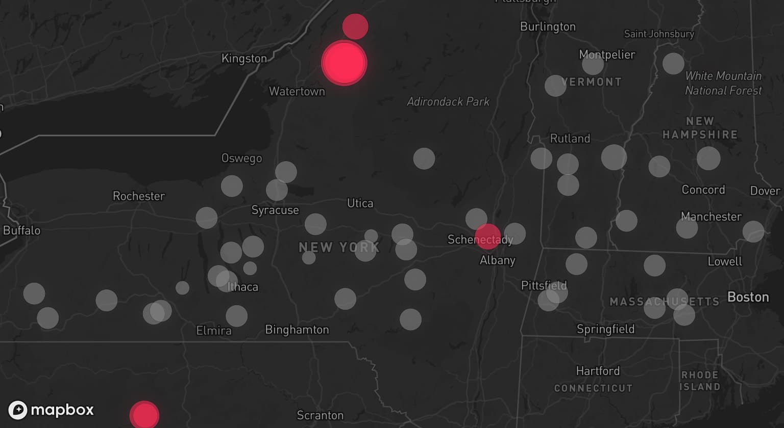 Storm map for 51 areas across Vermont, New Hampshire, New York, Ohio, Pennsylvania, Massachusetts, and Maine