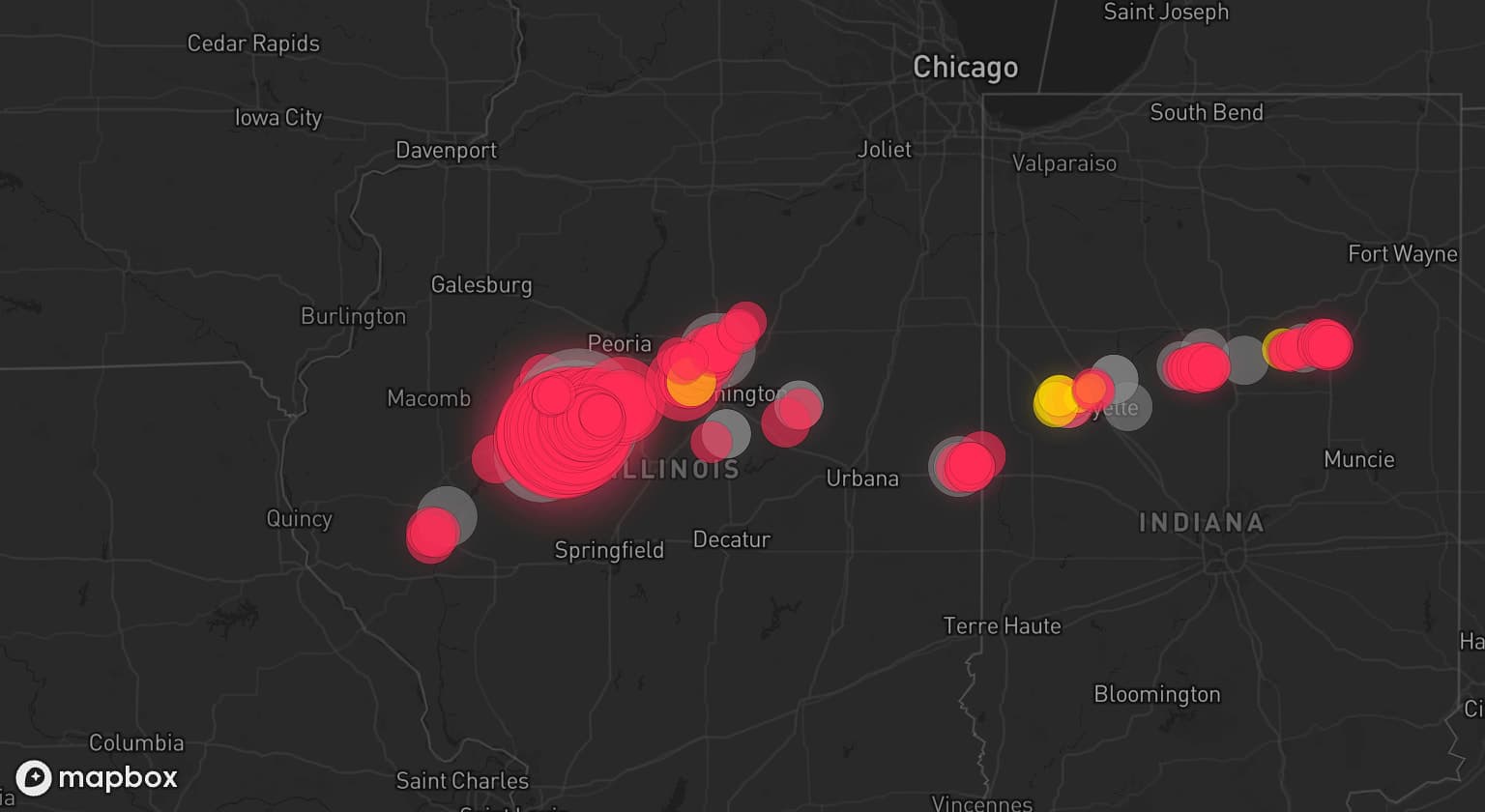Storm map for 17 areas across Illinois and Indiana