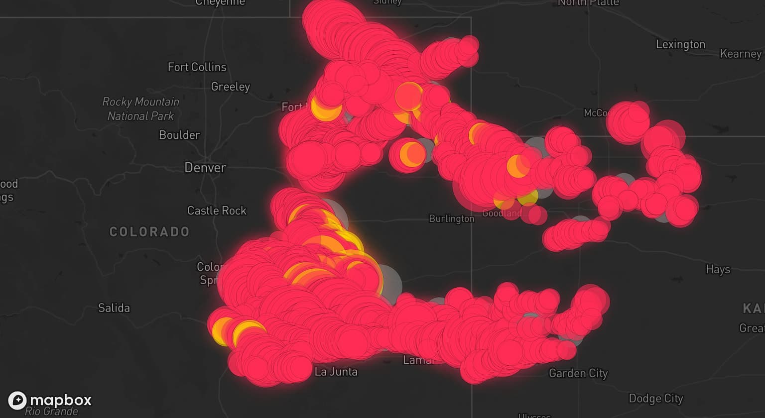 Storm map for 52 areas across Colorado, Kansas, and Nebraska