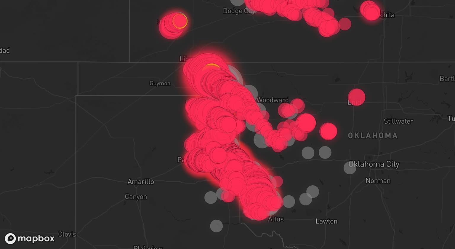 Storm map for 38 areas across Oklahoma, Texas, and Kansas