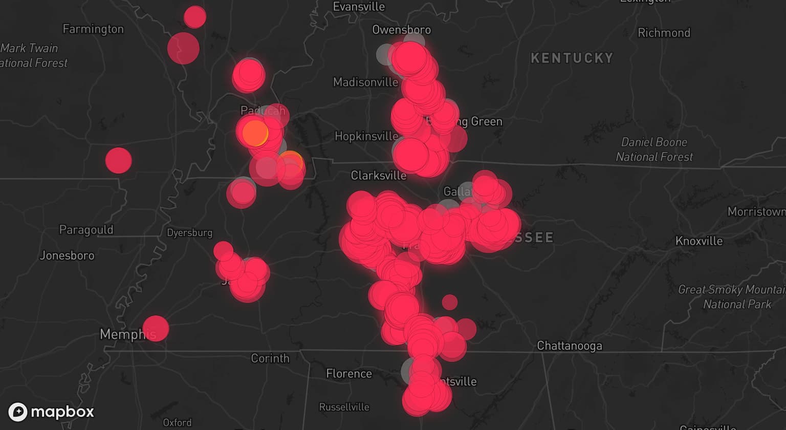 Storm map for 28 areas across Kentucky, Alabama, Illinois, and Tennessee