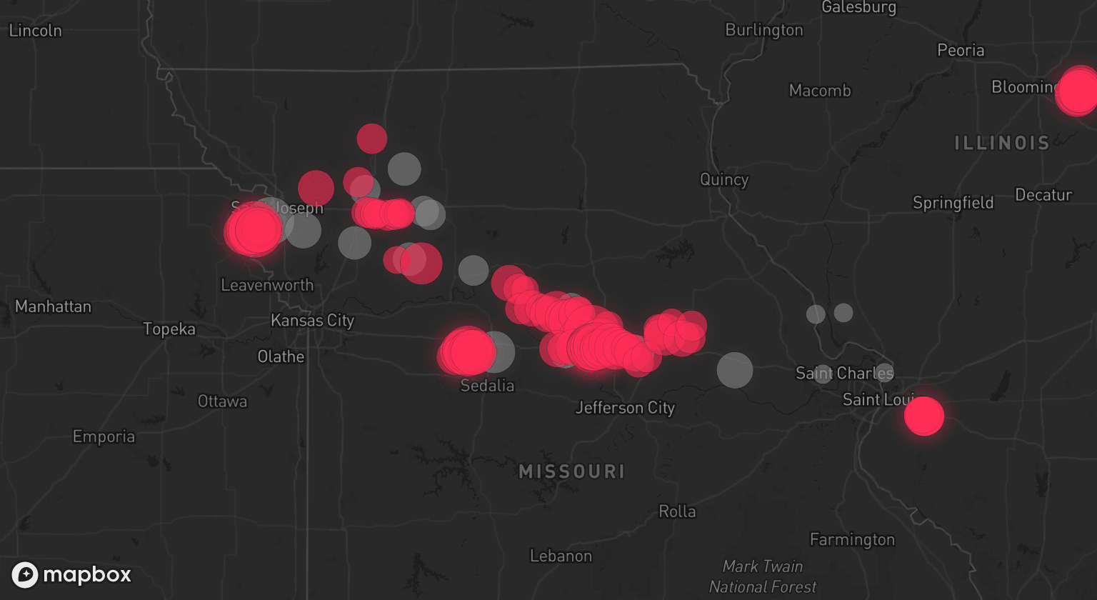 Storm map for 19 areas across Missouri and Illinois