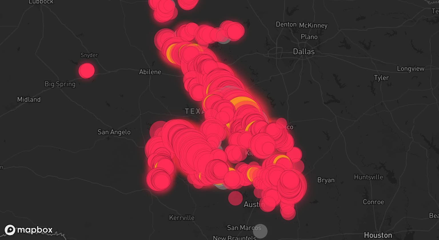 Storm map for 25 areas across Texas