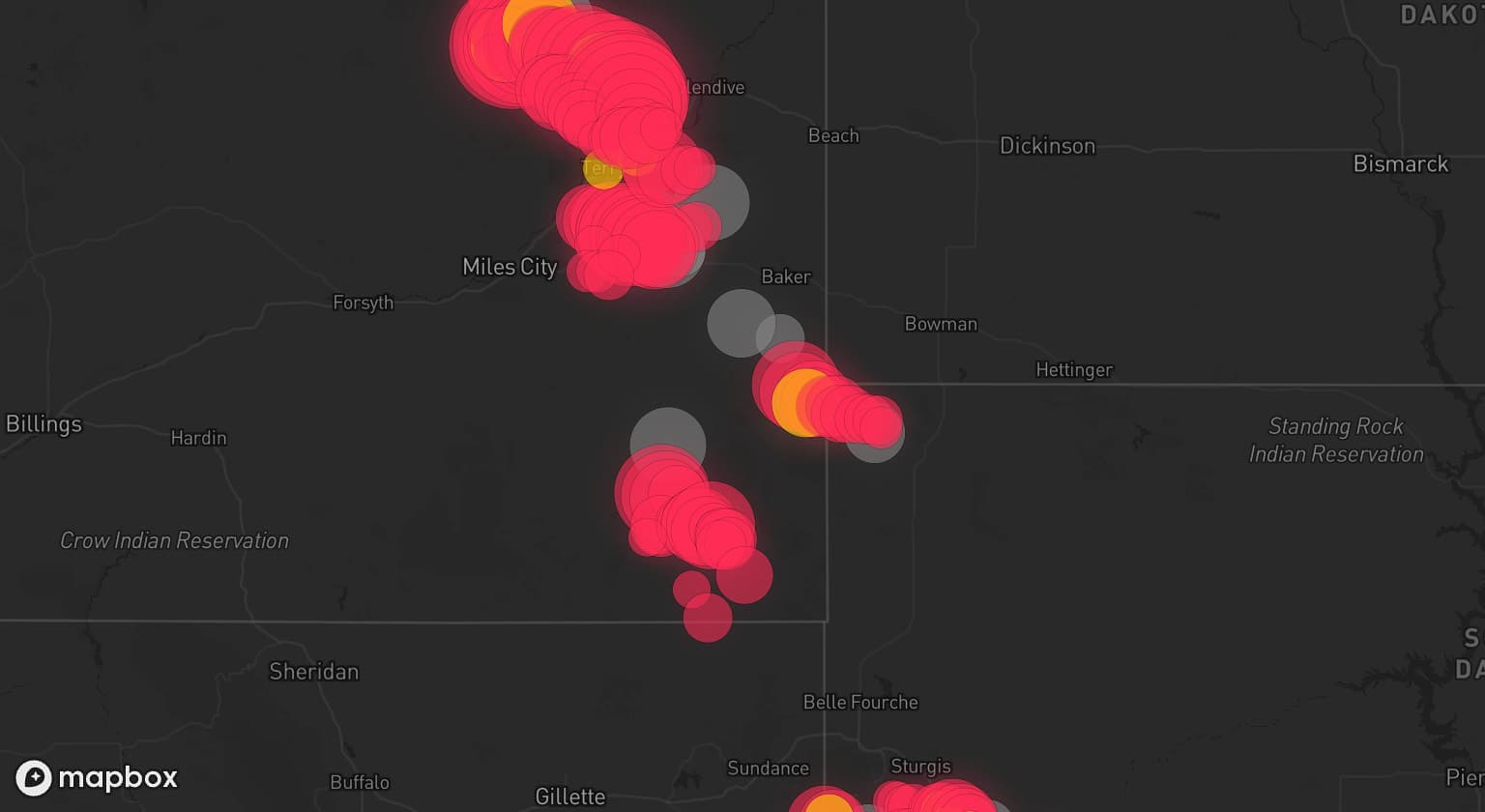 Storm map for 19 areas across Montana and South Dakota