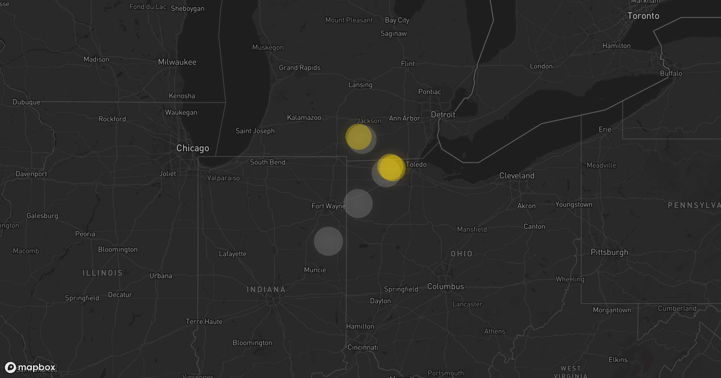 Storm map for 4 areas across Ohio, Indiana, and Michigan