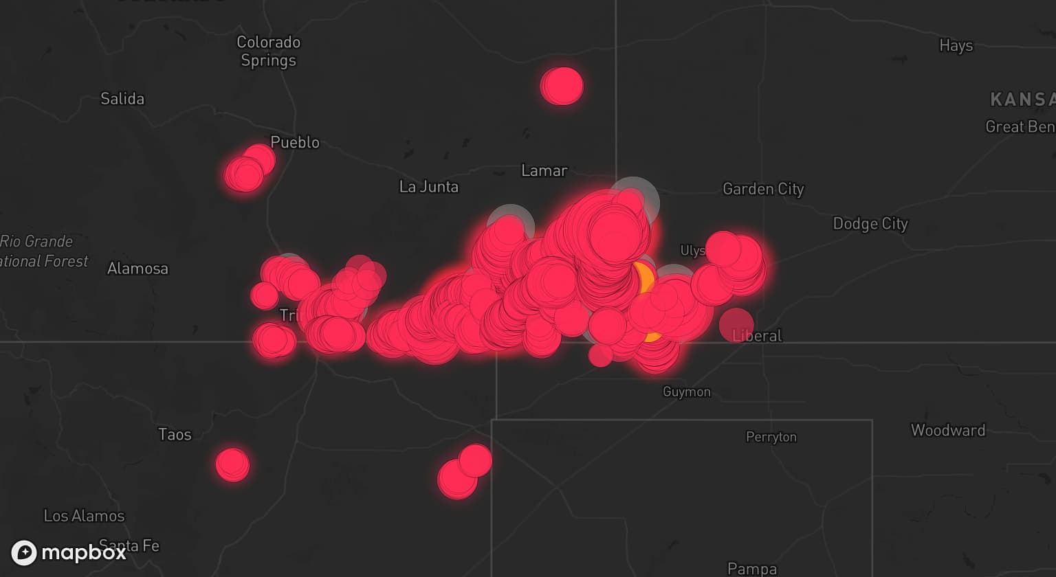 Storm map for 15 areas across Colorado and Kansas