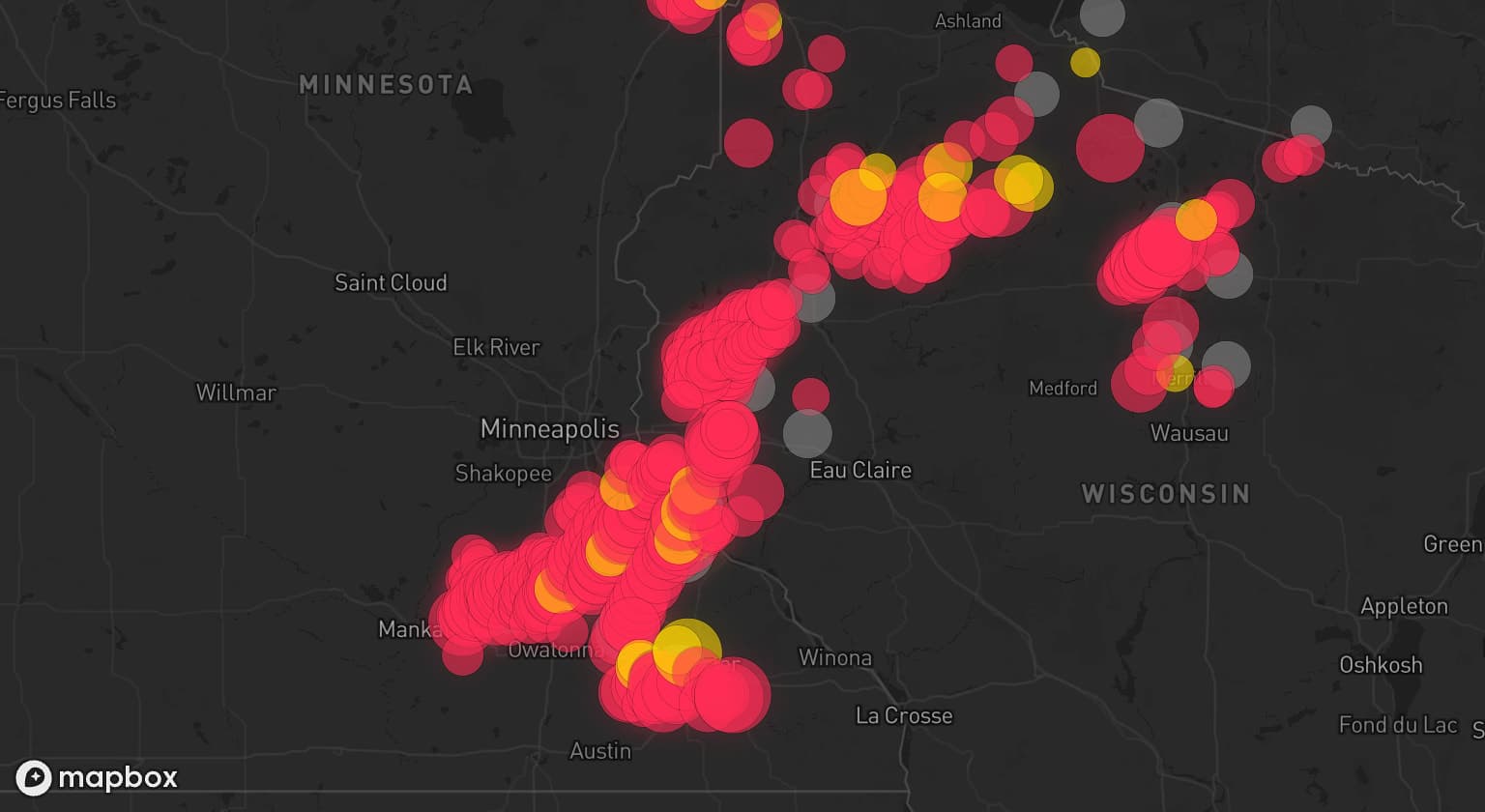 Storm map for 21 areas across Minnesota, Wisconsin, and Michigan
