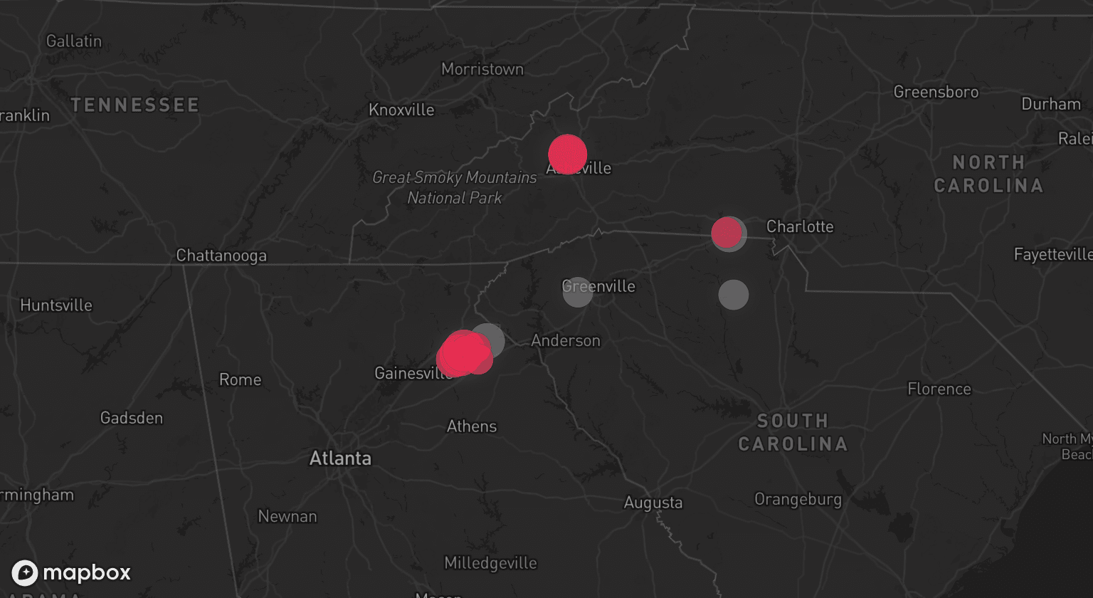 Storm map for 5 areas across North Carolina, Georgia, and South Carolina