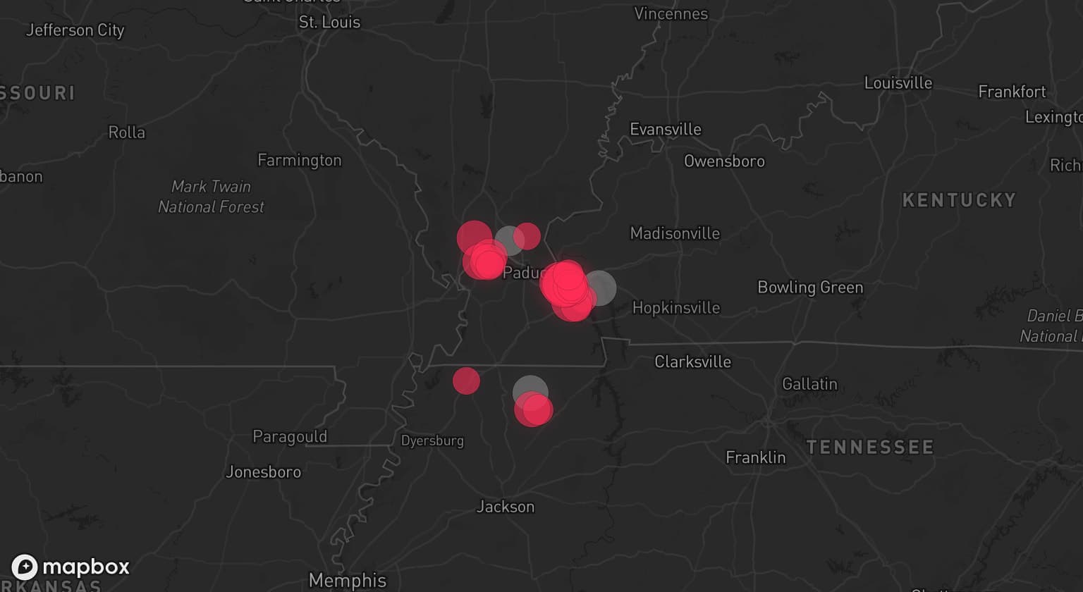 Storm map for 3 areas across Kentucky, Tennessee, and Illinois