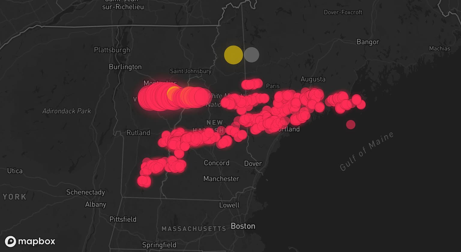 Storm map for 4 areas across Vermont, Maine, and New Hampshire