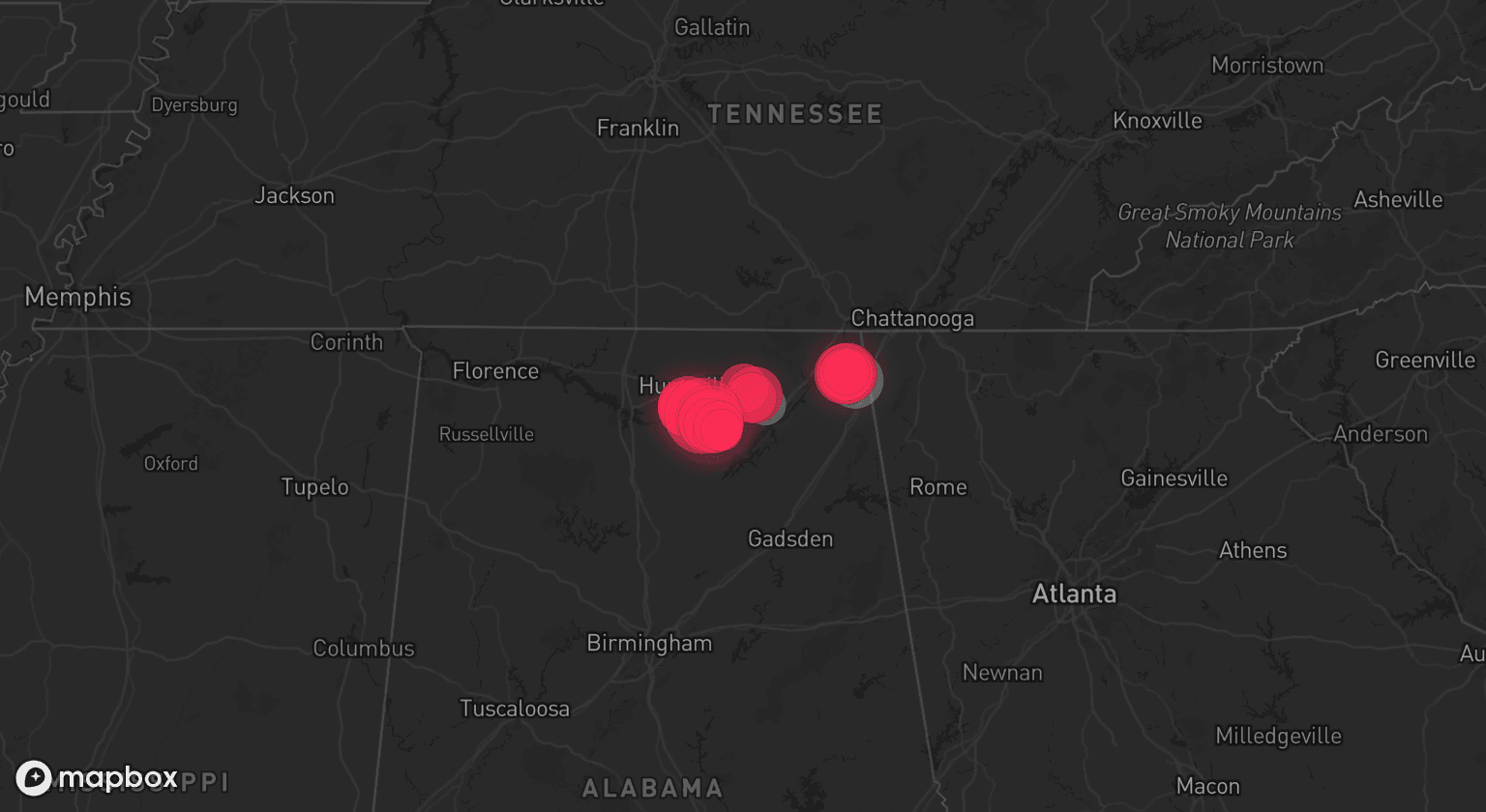 Storm map for 4 areas across Alabama