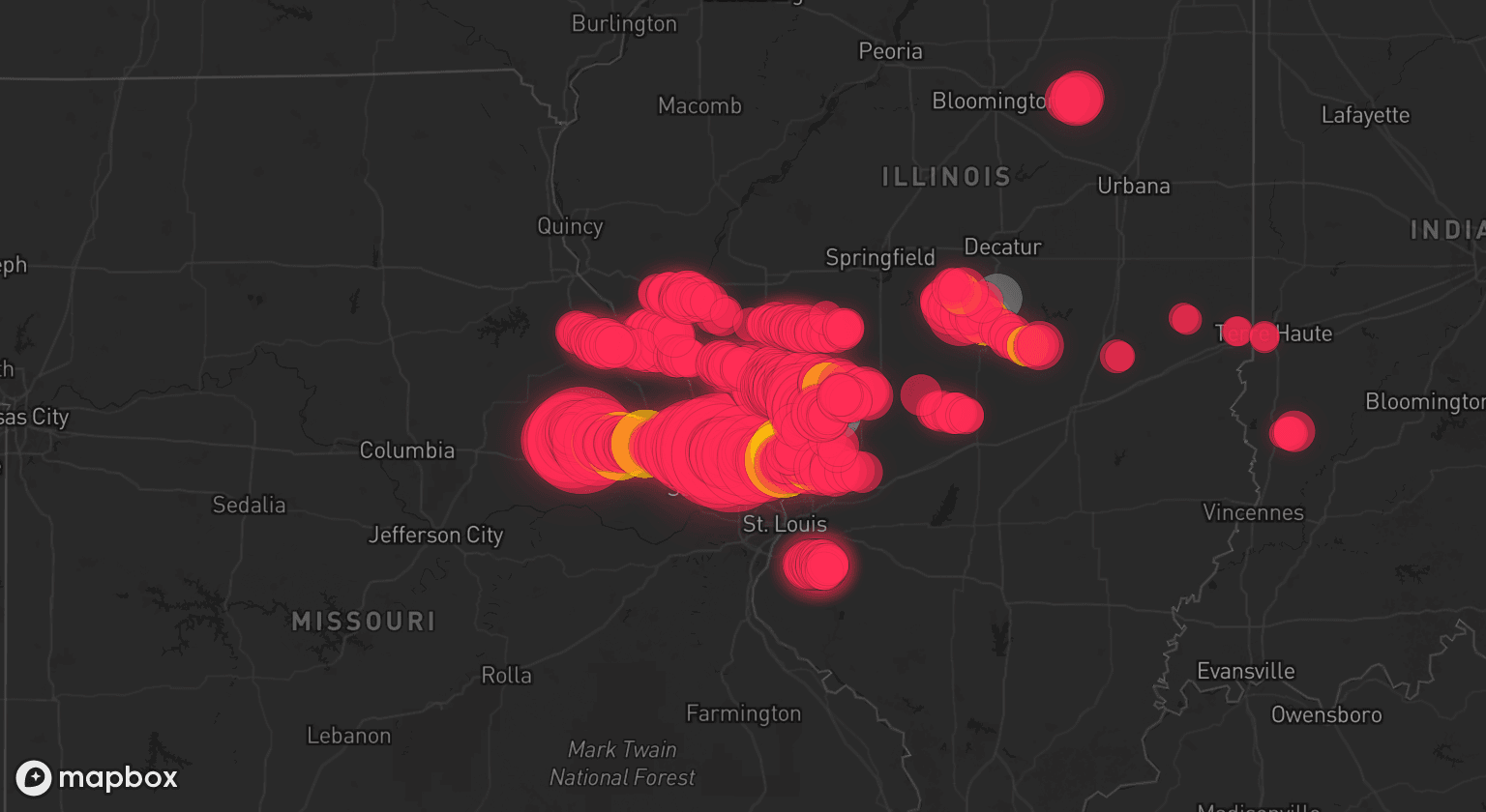 Storm map for 6 areas across Missouri and Illinois