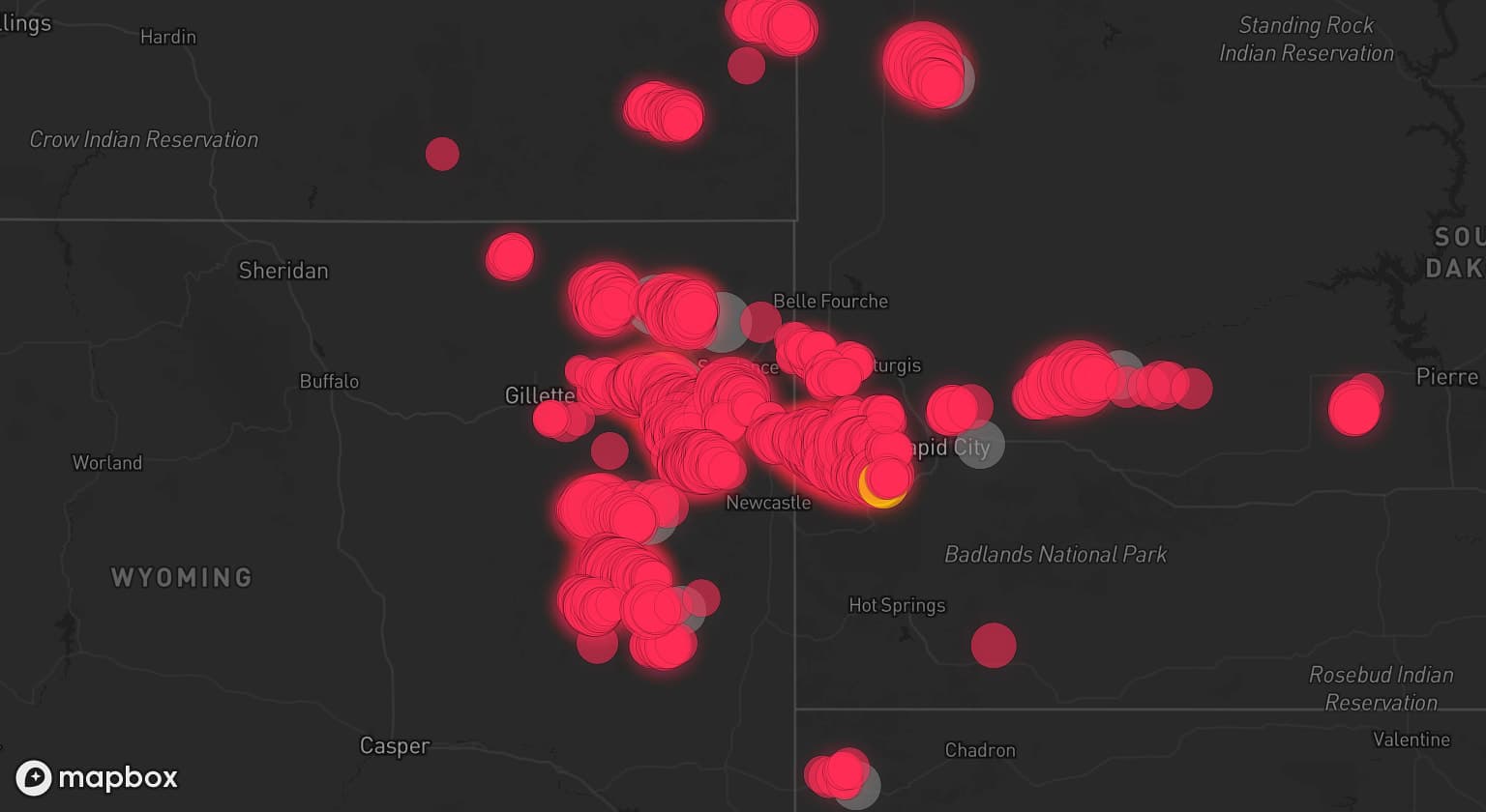 Storm map for 11 areas across Wyoming, South Dakota, Nebraska, and Montana