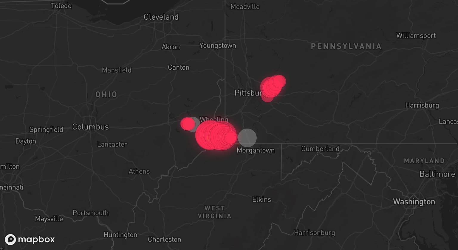 Storm map for 4 areas across Pennsylvania, West Virginia, and Ohio