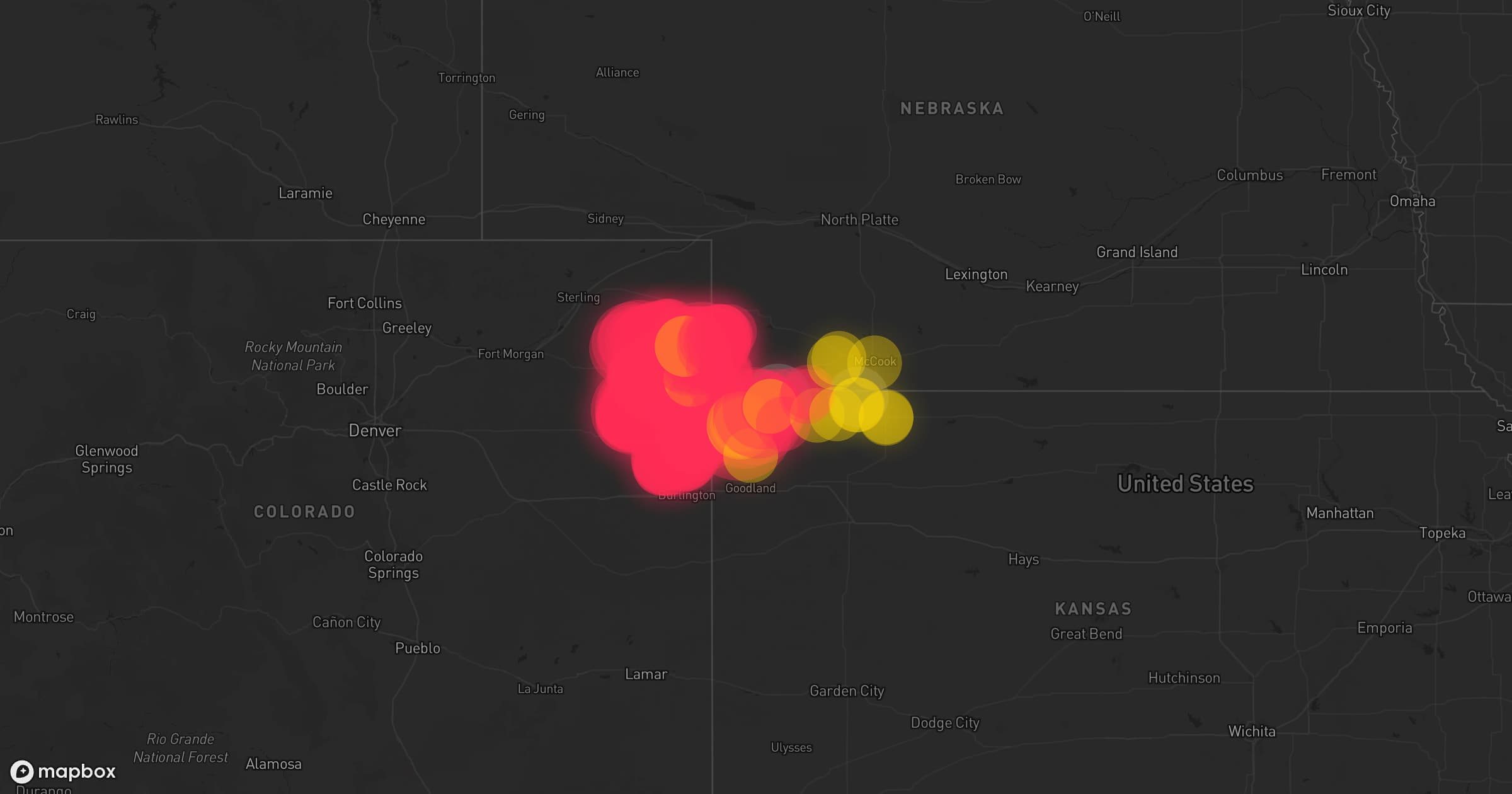 Storm map for 16 areas across Nebraska, Kansas, and Colorado