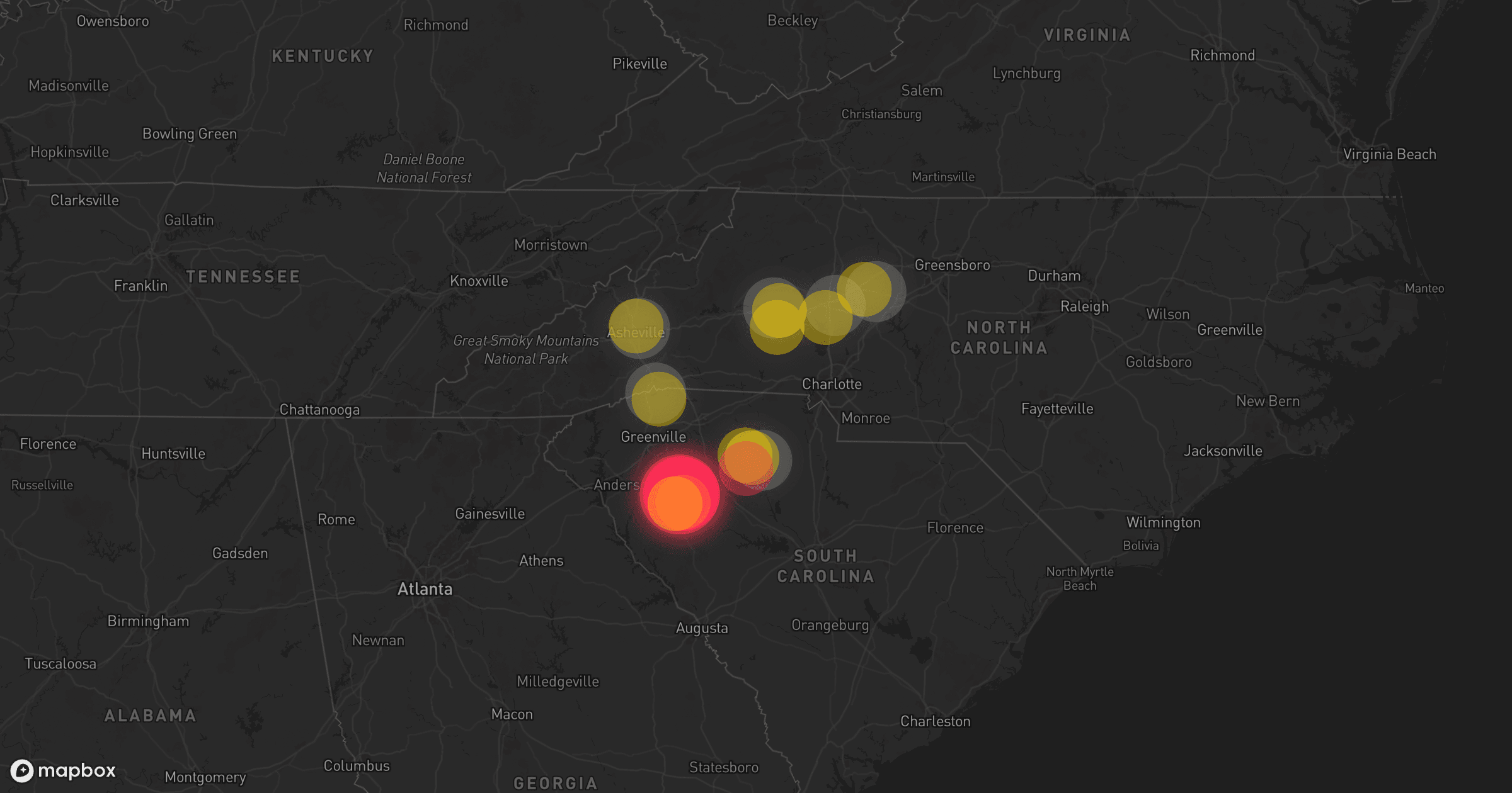 Storm map for 10 areas across Virginia, South Carolina, and North Carolina