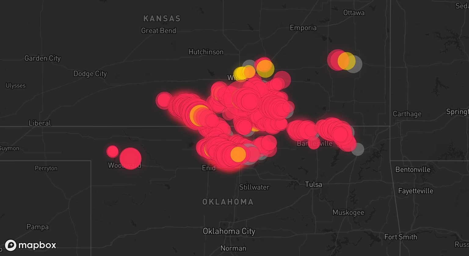 Storm map for 23 areas across Oklahoma and Kansas