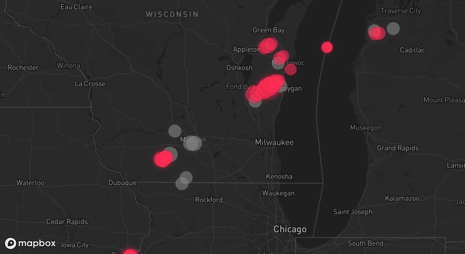 Storm map for 10 areas across Wisconsin, Michigan, and Illinois