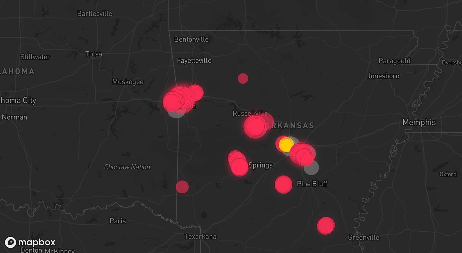 Storm map for 6 areas across Arkansas and Oklahoma
