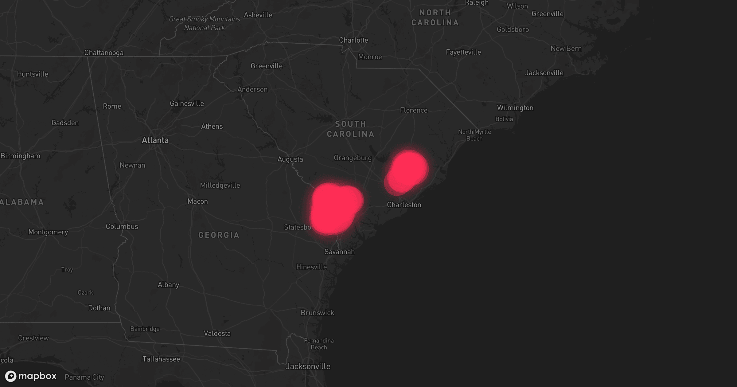 Storm map for 5 areas across Georgia and South Carolina