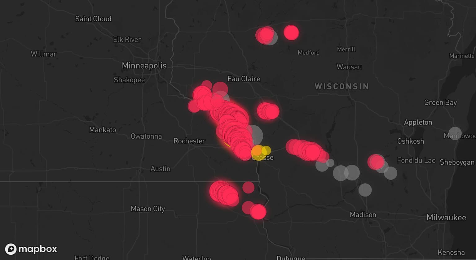 Storm map for 14 areas across Wisconsin and Minnesota