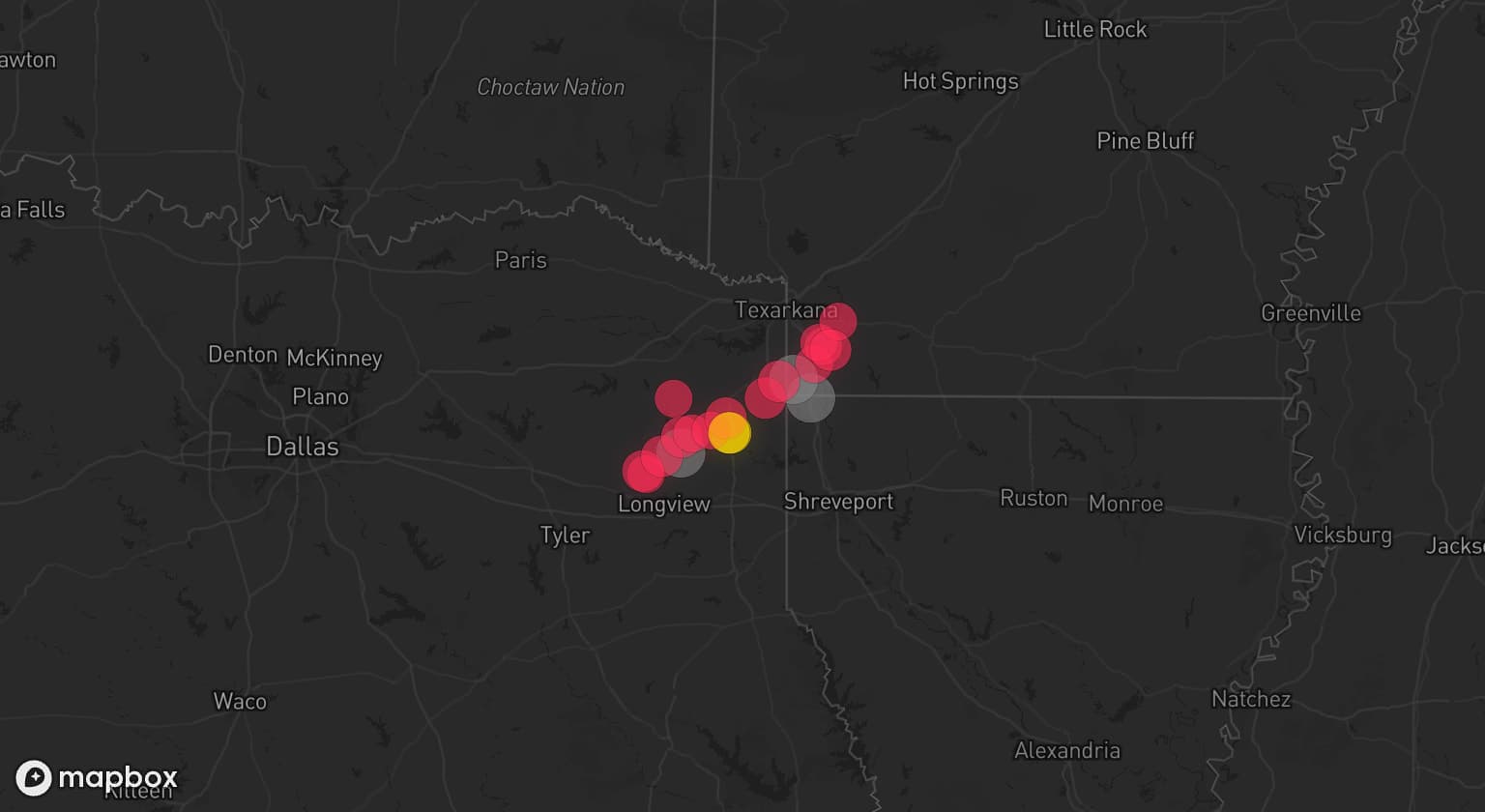 Storm map for 3 areas across Louisiana, Texas, and Arkansas