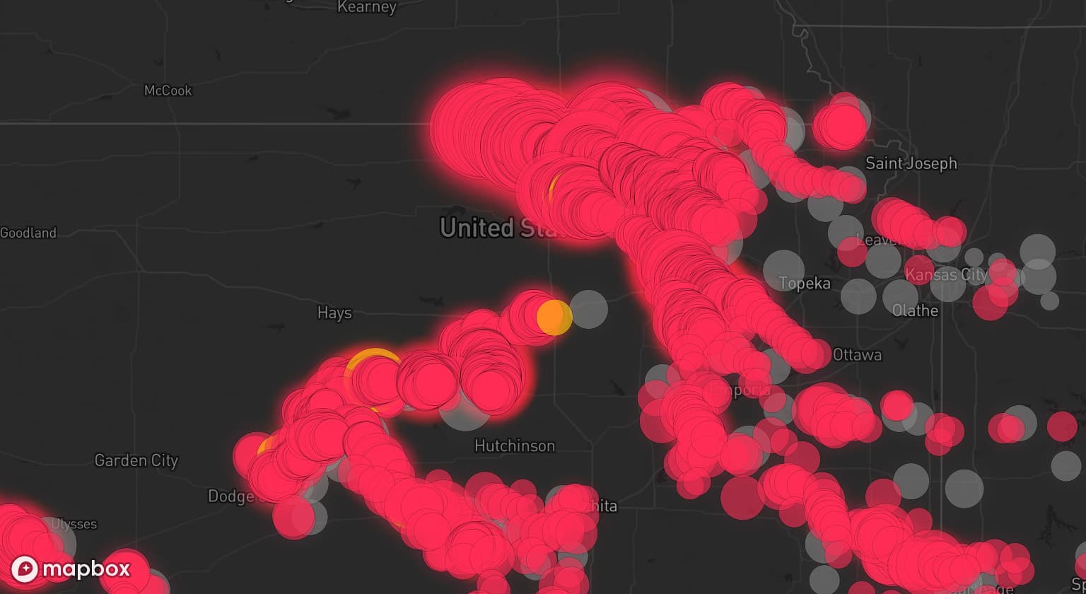 Storm map for 98 areas across Kansas, Nebraska, Colorado, Missouri, Texas, Oklahoma, and Arkansas