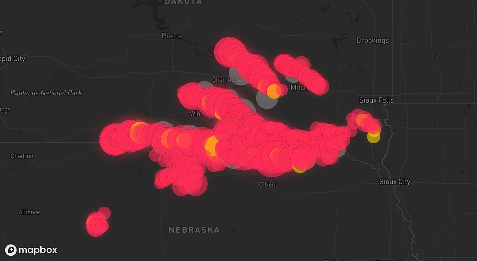 Storm map for 25 areas across South Dakota and Nebraska