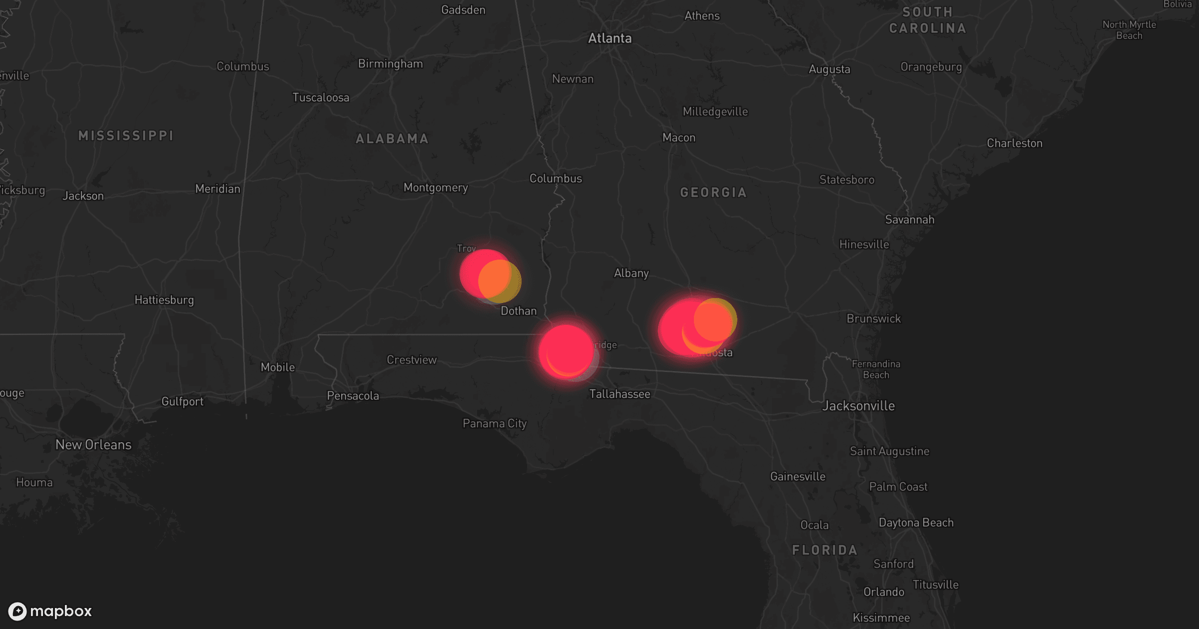 Storm map for 3 areas across Georgia and Alabama