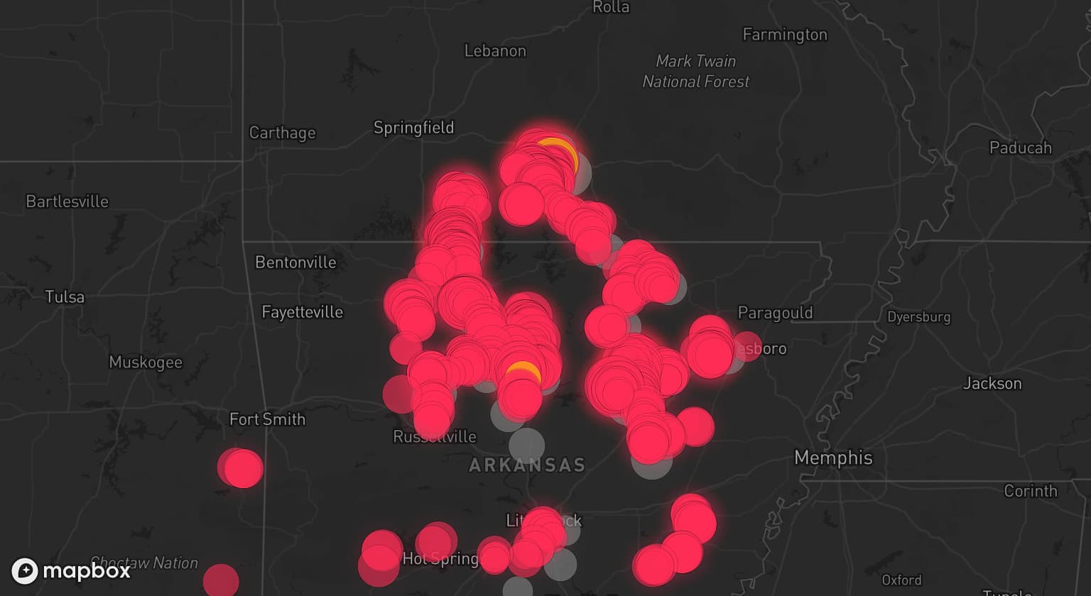 Storm map for 22 areas across Arkansas and Missouri