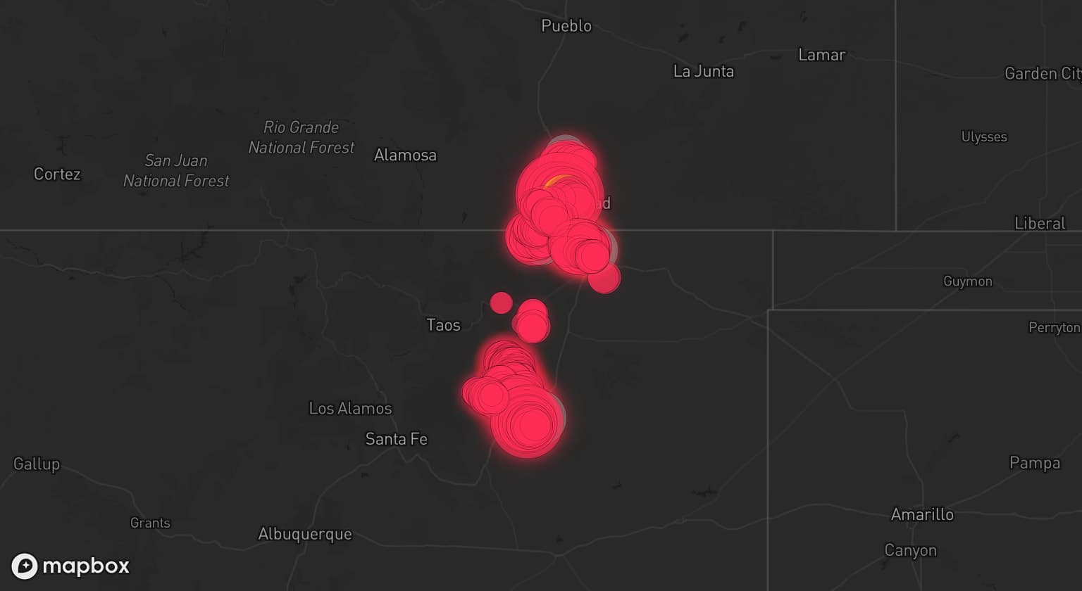 Storm map for 4 areas across New Mexico and Colorado